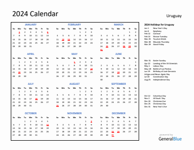 Uruguay current year calendar 2024 with holidays