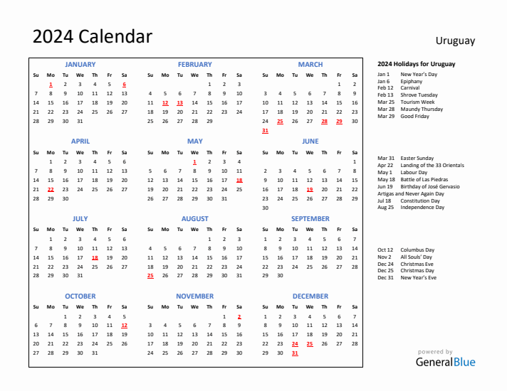 2024 Calendar with Holidays for Uruguay