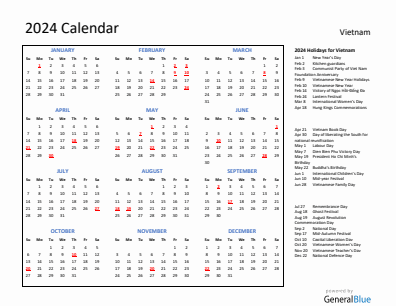 Vietnam current year calendar 2024 with holidays