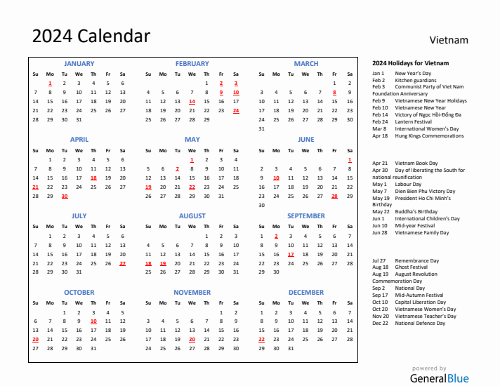 2024 Calendar with Holidays for Vietnam