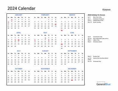 Kosovo current year calendar 2024 with holidays