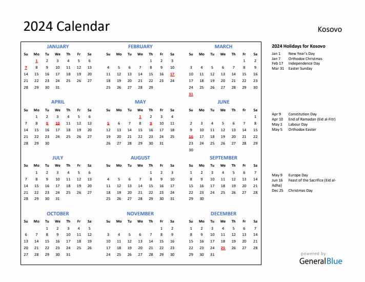 2024 Calendar with Holidays for Kosovo