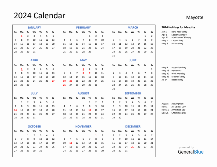 2024 Calendar with Holidays for Mayotte