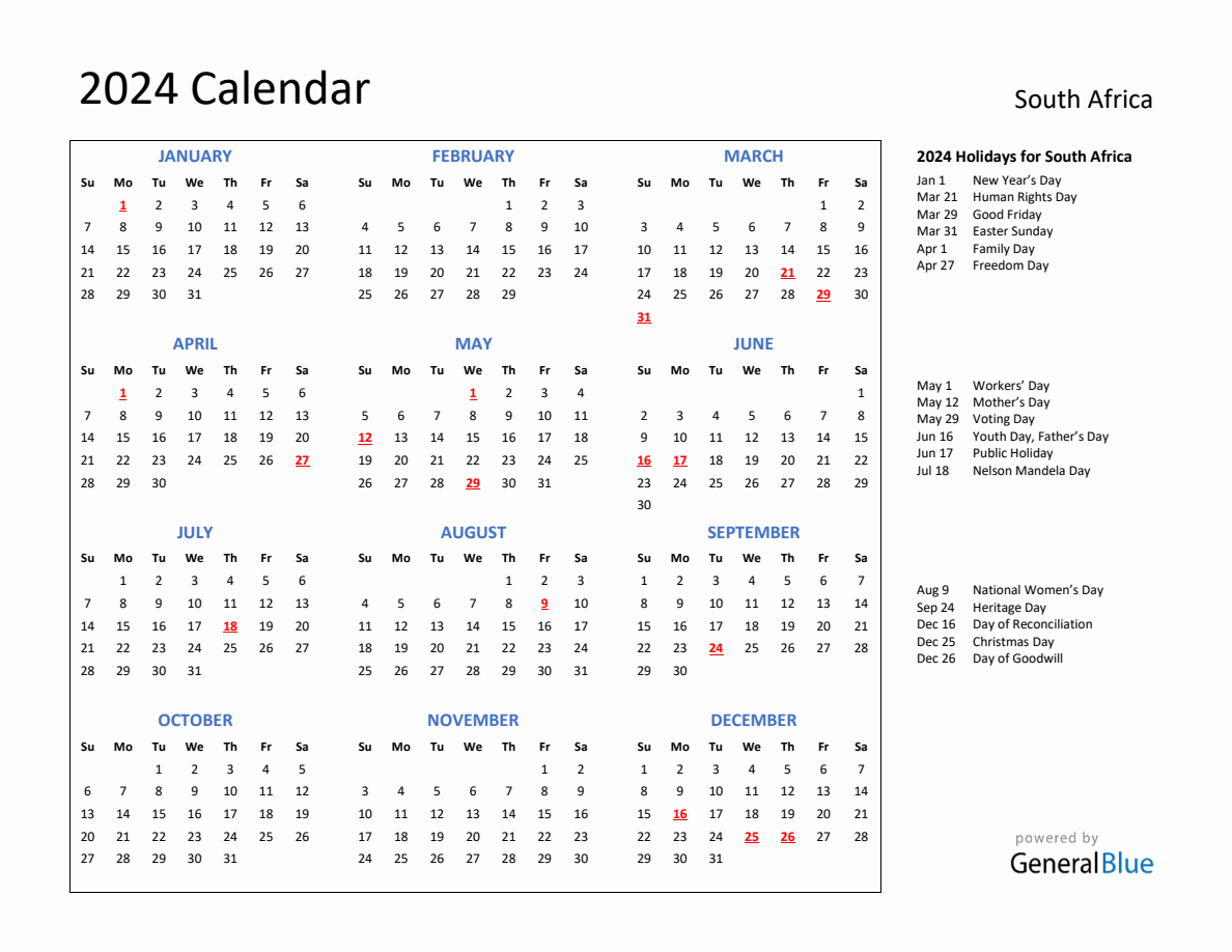 2024 Calendar with Holidays for South Africa