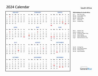 South Africa current year calendar 2024 with holidays