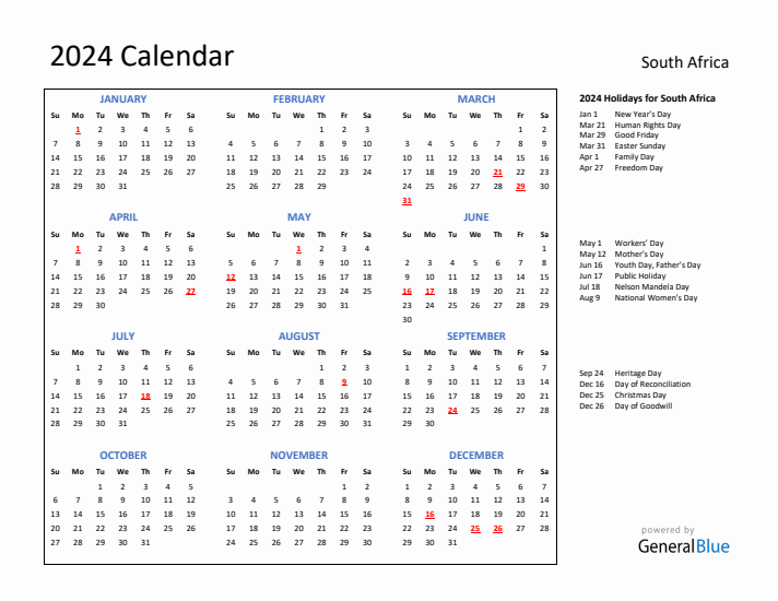 2024 Calendar with Holidays for South Africa