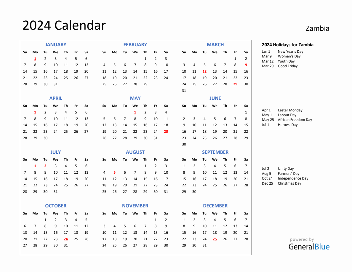 2024 Calendar with Holidays for Zambia