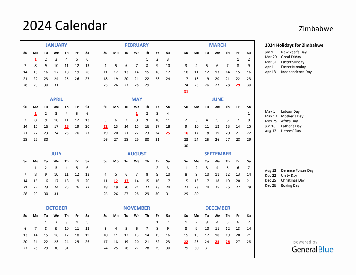 2024 Calendar with Holidays for Zimbabwe