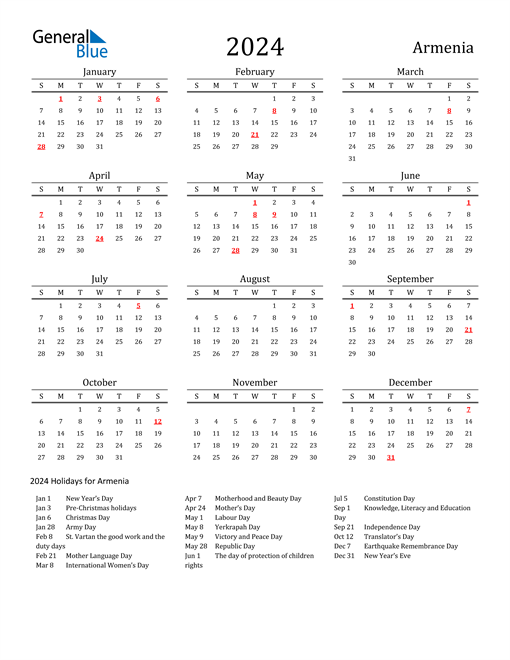 Armenia Holidays Calendar for 2024