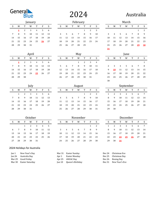 Australia Holidays Calendar for 2024