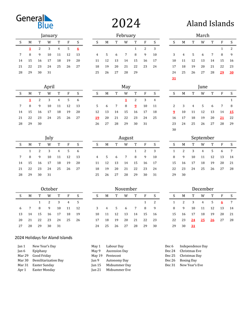 Aland Islands Holidays Calendar for 2024