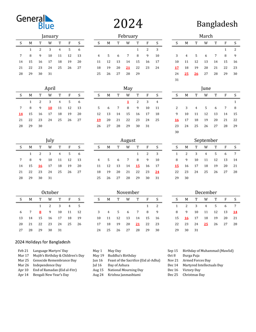 Bangladesh Holidays Calendar for 2024