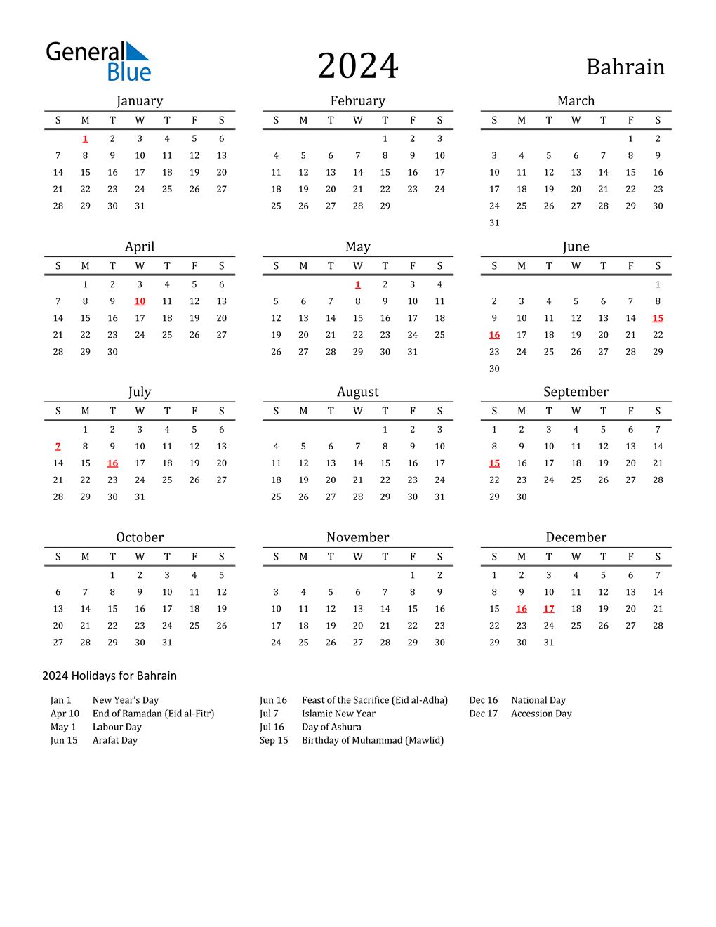 2024 Bahrain Calendar with Holidays