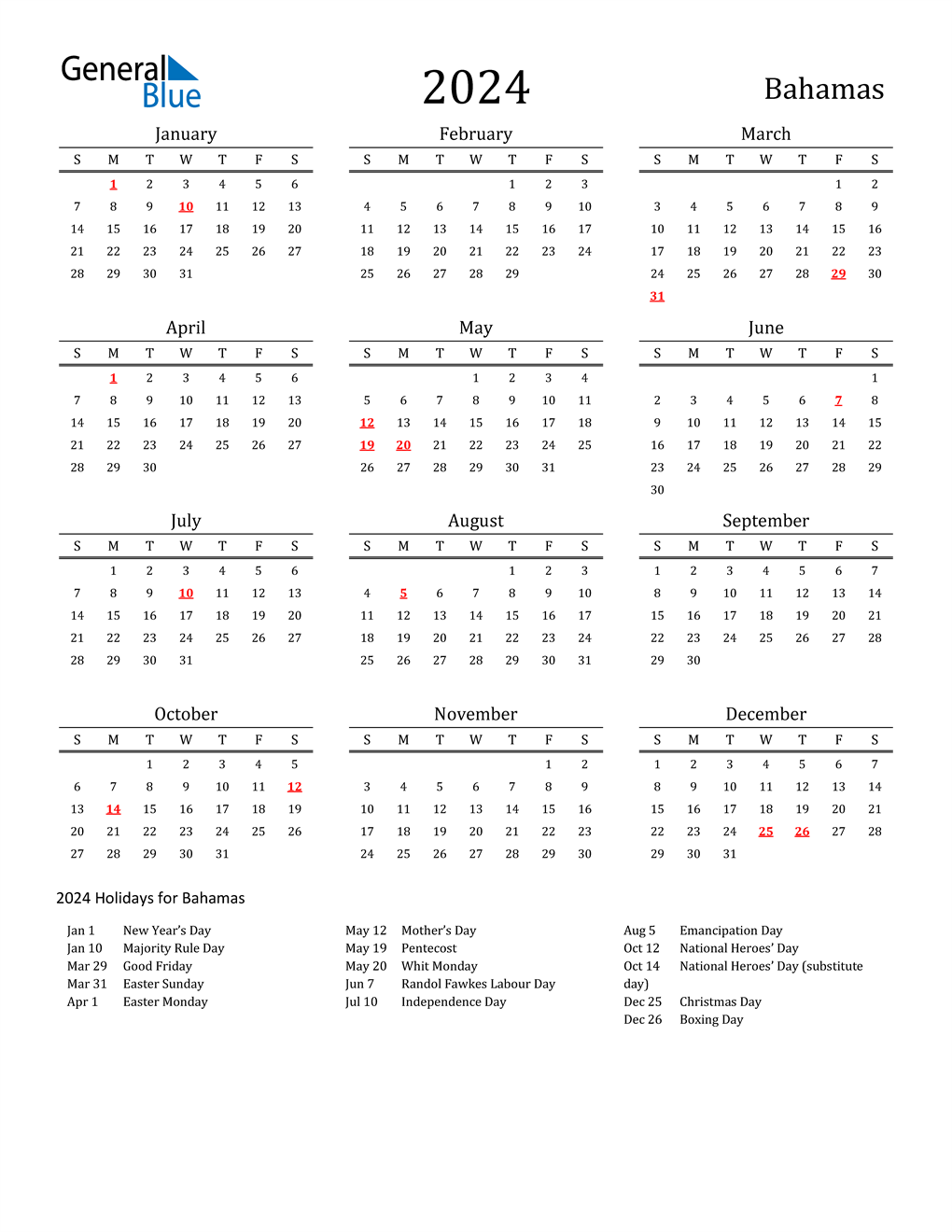 2024 Bahamas Calendar with Holidays