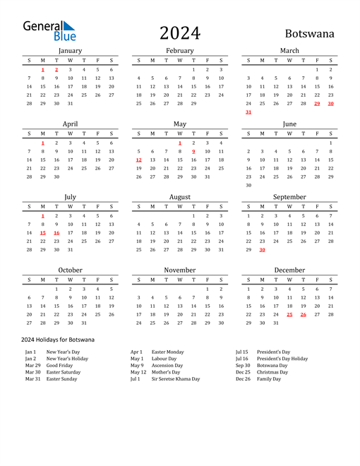 Botswana Holidays Calendar for 2024