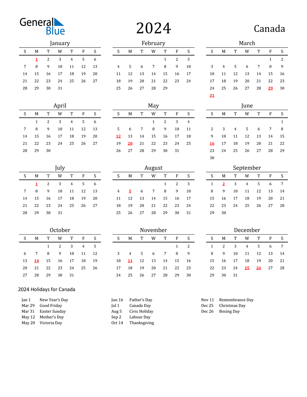 2024 Canada Calendar With Holidays 2024 Calendar Canada 2024 Calendar