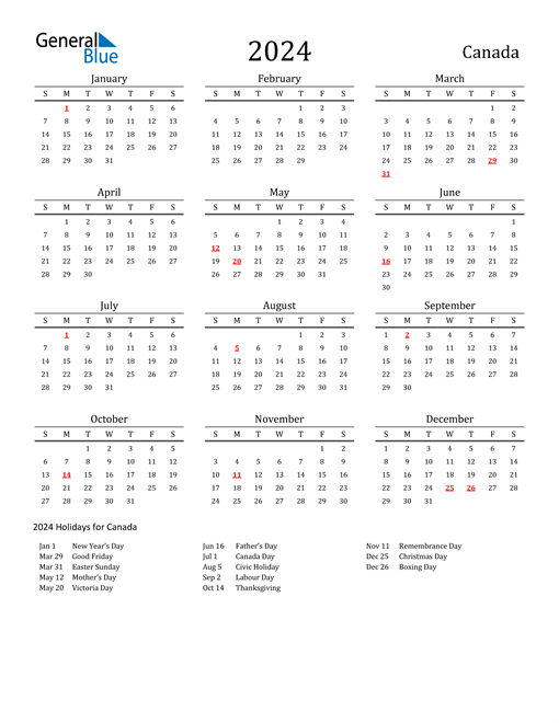 Canada Holidays Calendar for 2024