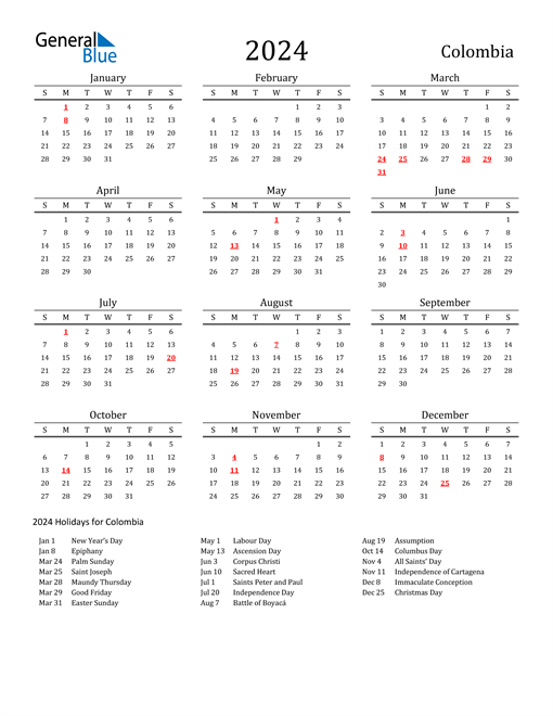 Colombia Holidays Calendar for 2024