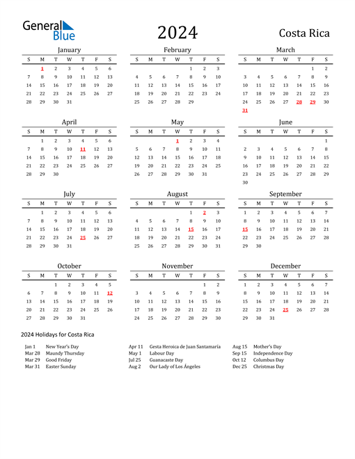 Costa Rica Holidays Calendar for 2024