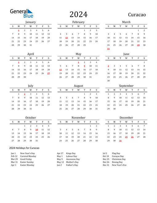 Curacao Holidays Calendar for 2024