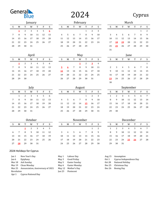 Cyprus Holidays Calendar for 2024