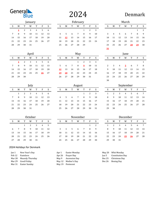 Denmark Holidays Calendar for 2024