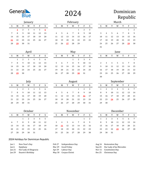 2024 Dominican Republic Calendar with Holidays