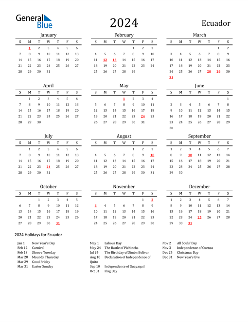 2024 Ecuador Calendar with Holidays