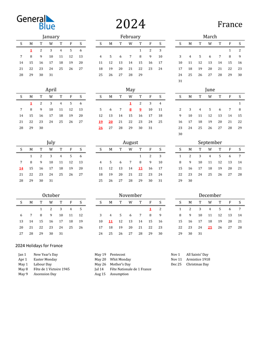 France Holidays Calendar for 2024