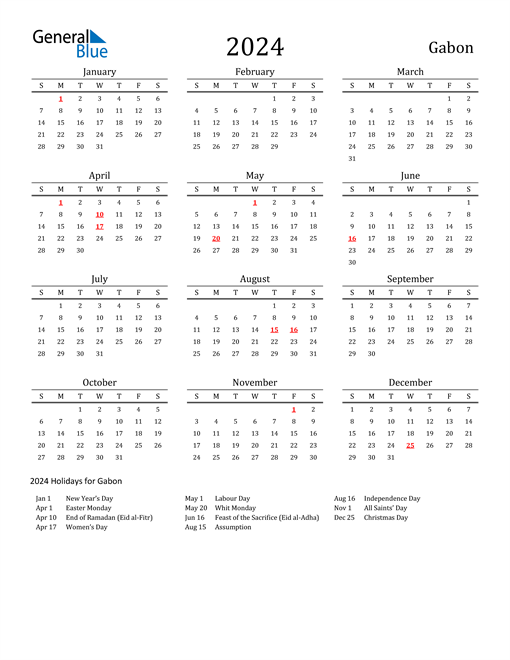 Gabon Holidays Calendar for 2024
