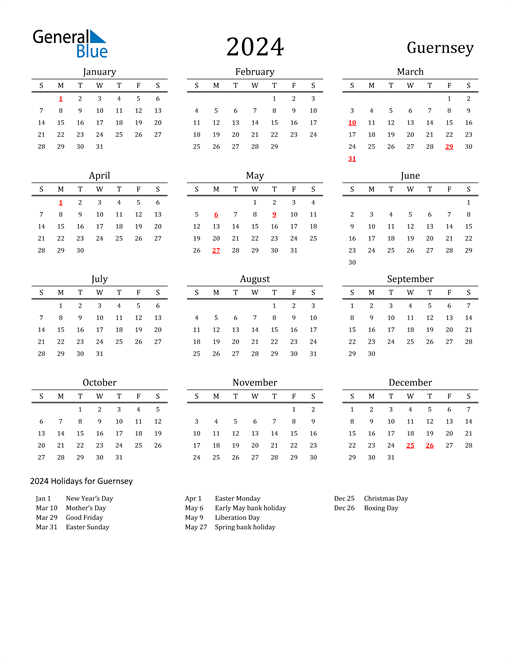 Guernsey Holidays Calendar for 2024