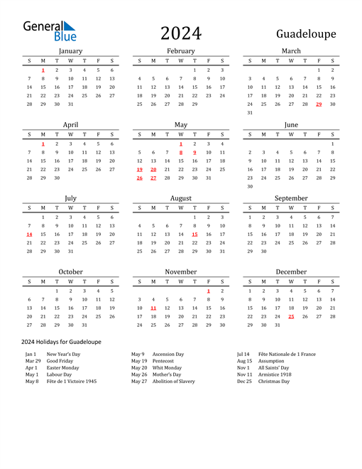 2024 Guadeloupe Calendar with Holidays