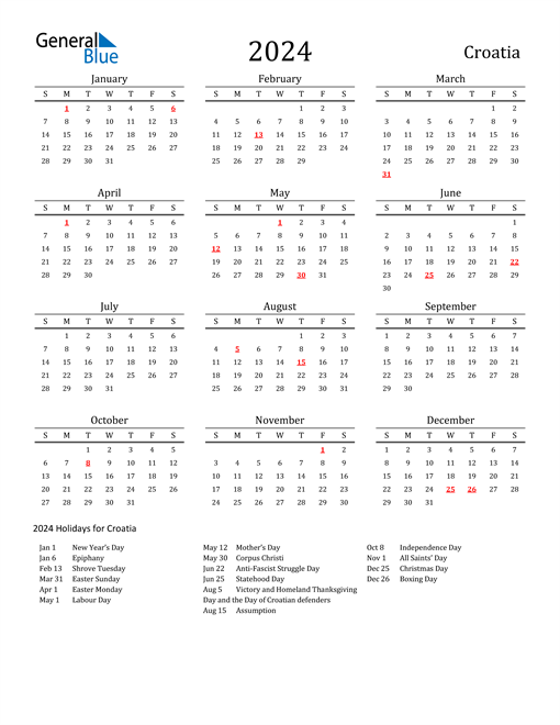 Croatia Holidays Calendar for 2024