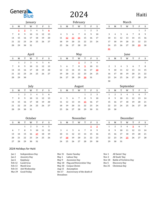 Haiti Holidays Calendar for 2024