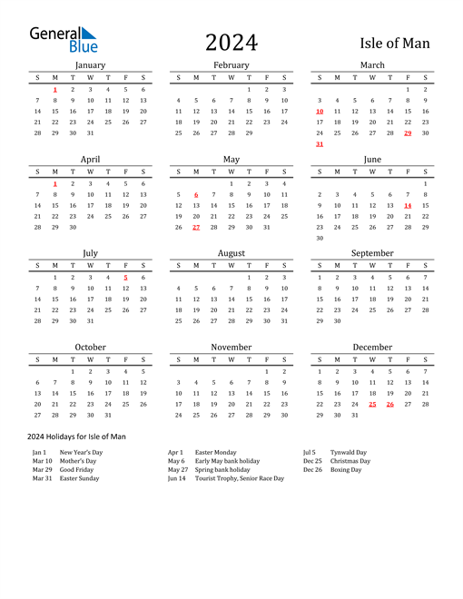 Isle of Man Holidays Calendar for 2024