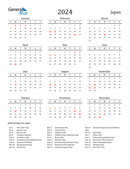 2024 Japan Calendar with Holidays