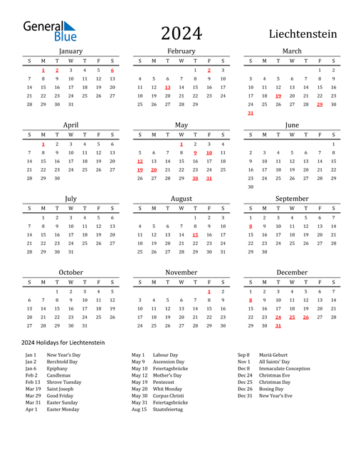 Liechtenstein Holidays Calendar for 2024