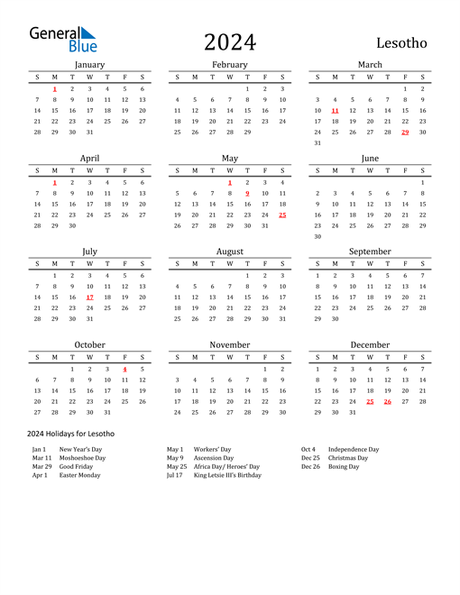 Lesotho Holidays Calendar for 2024
