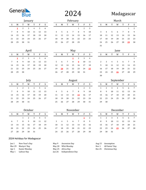 2024 Madagascar Calendar with Holidays