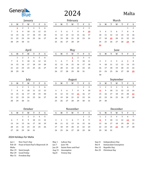Malta Holidays Calendar for 2024
