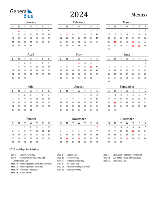 Mexico Holidays Calendar for 2024