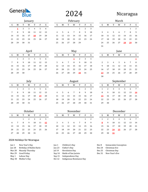 Nicaragua Holidays Calendar for 2024