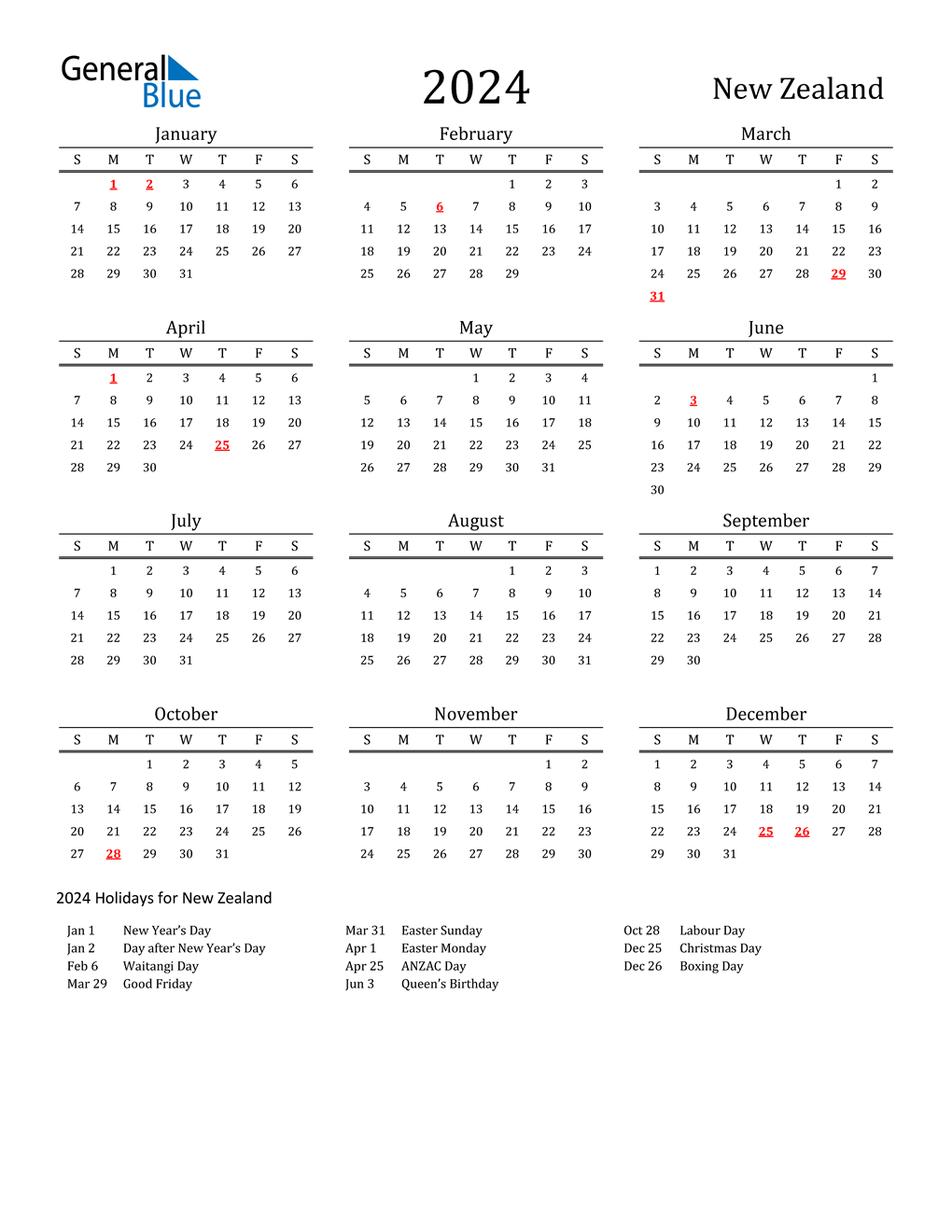 2024 Calendar Printable Classic With Holidays Portrait En Nz 1020x1320 