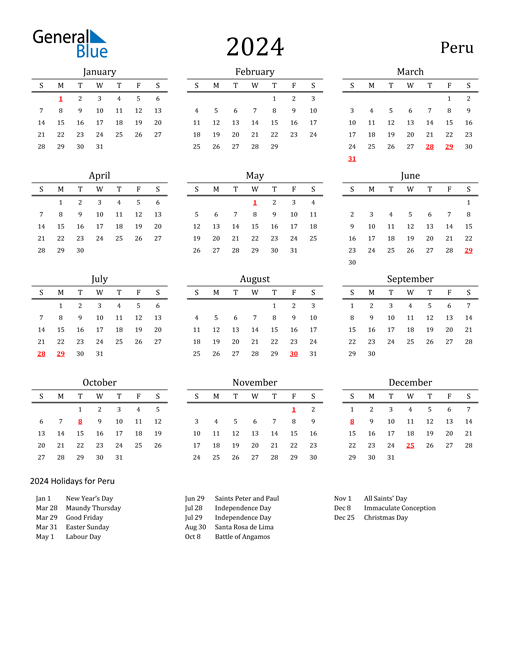 2024 Peru Calendar with Holidays