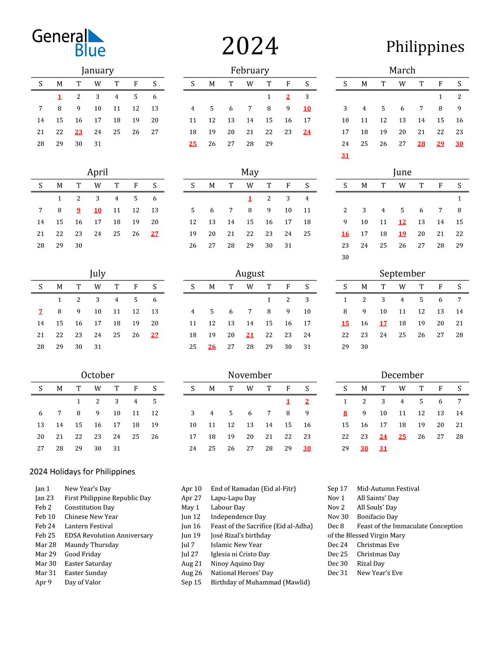 2024 Calendar With Holidays Printable Philippines Time Rafa Ursola