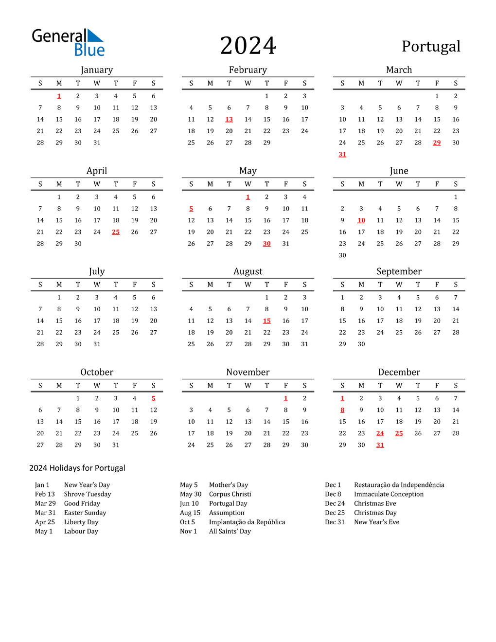 2024 Calendar Portugal Calendar 2024