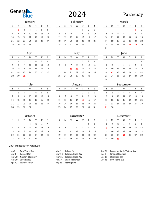 Paraguay Holidays Calendar for 2024
