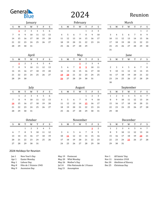 Reunion Holidays Calendar for 2024