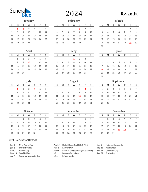 Rwanda Holidays Calendar for 2024