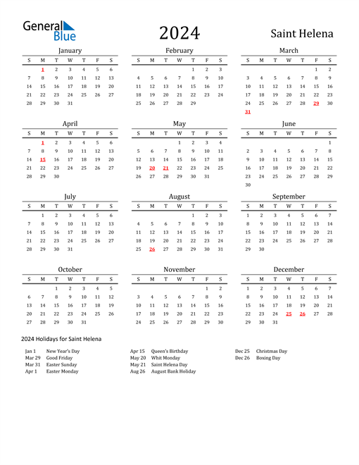 Saint Helena Holidays Calendar for 2024